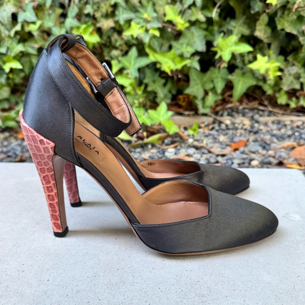 Vintage Designer Alaïa Paris Heels | Black Satin & Croc Embossed | Made in Italy